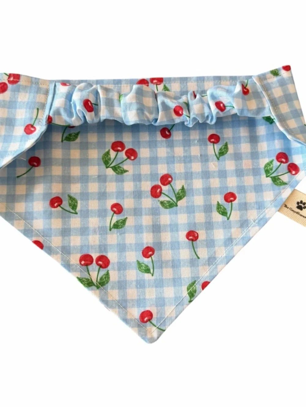 Blue Gingham Cherry Dog Scrunchie Bandana - Cute Collar Accessory